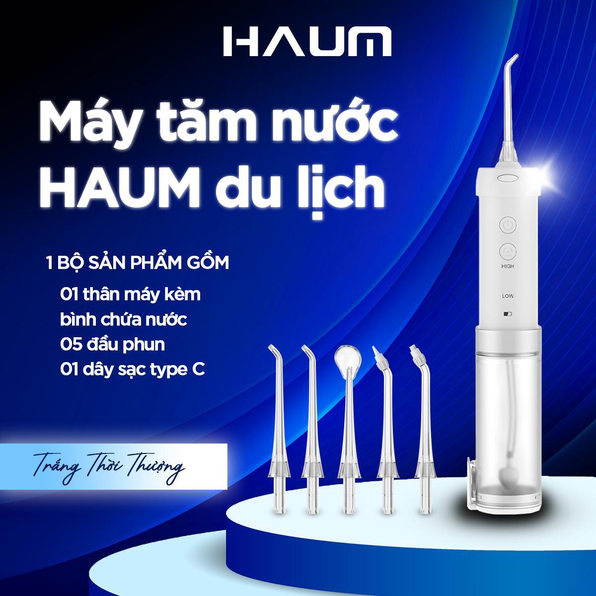 Máy tăm nước sóng âm Haum Water Flosser HF10 mini (Tặng 5 đầu phun đa chức năng & túi bảo vệ tiện lợi)