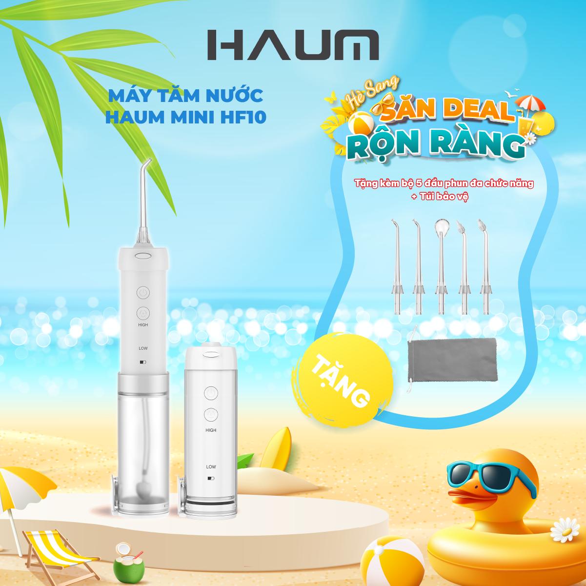 Máy tăm nước sóng âm Haum Water Flosser HF10 mini (Tặng 5 đầu phun đa chức năng & túi bảo vệ tiện lợi)