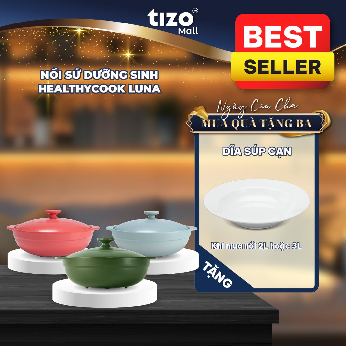 Nồi sứ dưỡng sinh Healthy Cook Luna (Nồi cạn) 3L và nắp (Tùy chọn màu sắc và loại bếp)