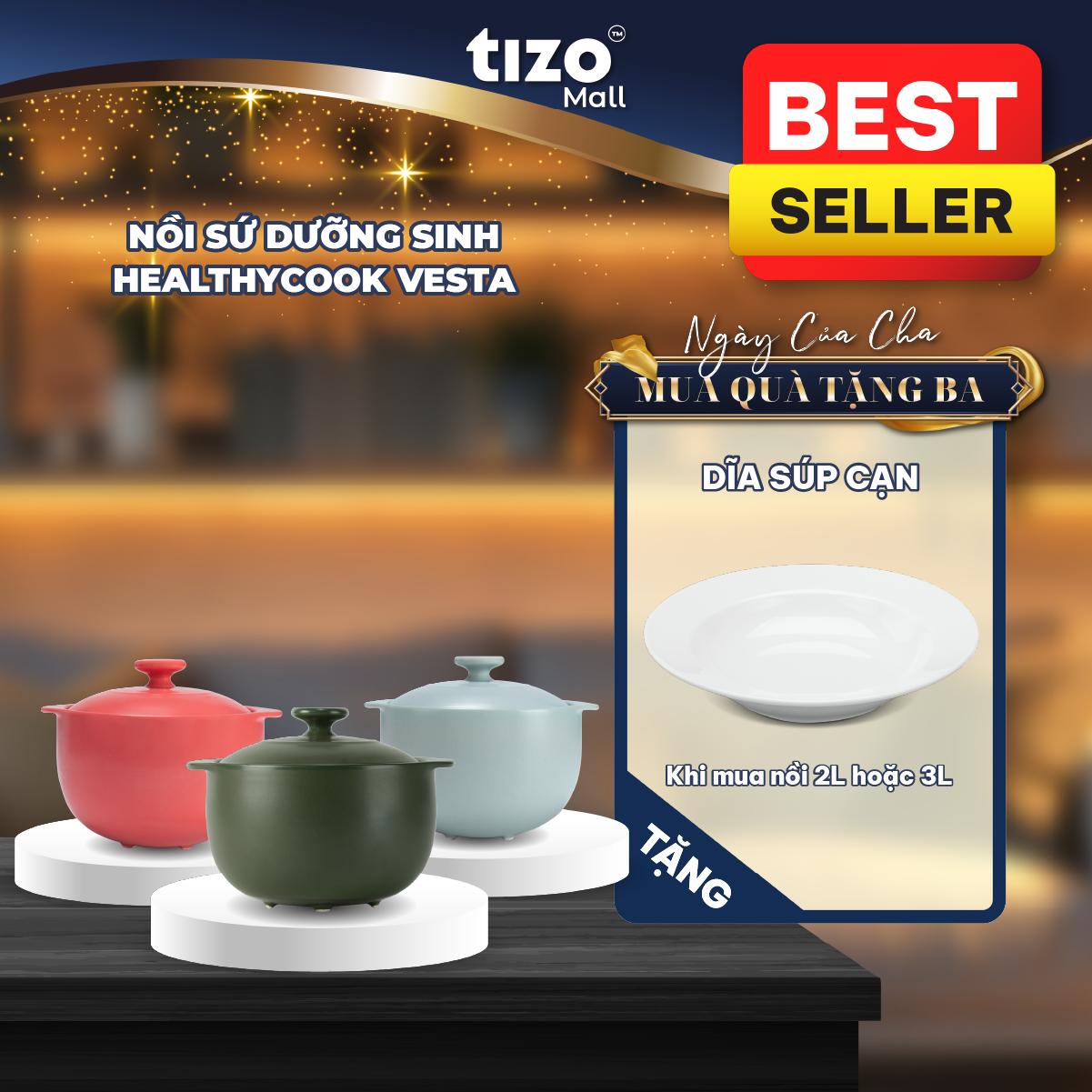 Nồi sứ dưỡng sinh Healthy Cook Vesta (Nồi cạn) 1.2L và nắp dùng cho bếp gas/ hồng ngoại (Tùy chọn màu sắc)