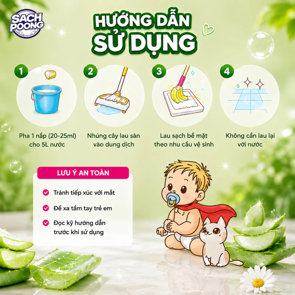 [MỚI] Nước Lau Sàn Sach-Poong Thơm Dịu Hương Lô Hội An Toàn Cho Bé Yêu & Gia Đình 1Kg (Chai)