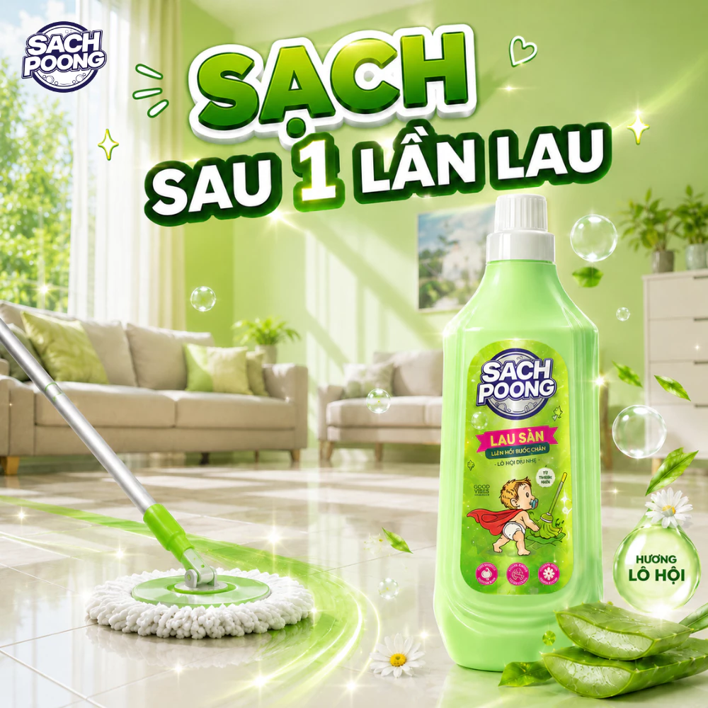 [MỚI] Nước Lau Sàn Sach-Poong Thơm Dịu Hương Lô Hội An Toàn Cho Bé Yêu & Gia Đình 1Kg (Chai)