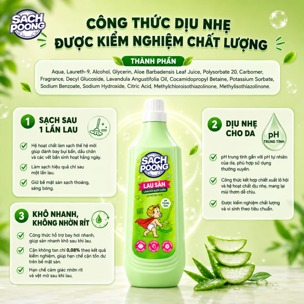 [MỚI] Nước Lau Sàn Sach-Poong Thơm Dịu Hương Lô Hội An Toàn Cho Bé Yêu & Gia Đình 1Kg (Chai)