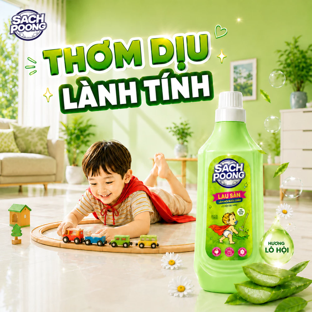 [MỚI] Nước Lau Sàn Sach-Poong Thơm Dịu Hương Lô Hội An Toàn Cho Bé Yêu & Gia Đình 1Kg (Chai)
