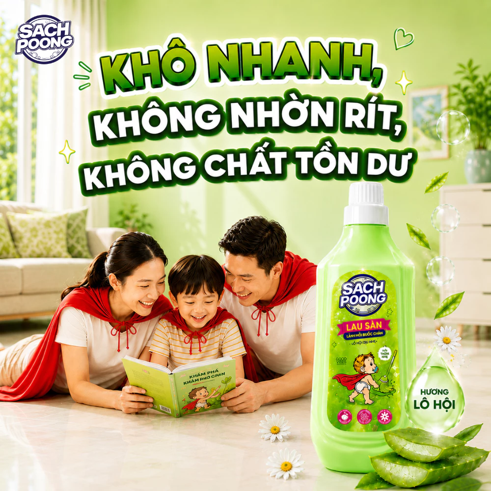 [MỚI] Nước Lau Sàn Sach-Poong Thơm Dịu Hương Lô Hội An Toàn Cho Bé Yêu & Gia Đình 1Kg (Chai)