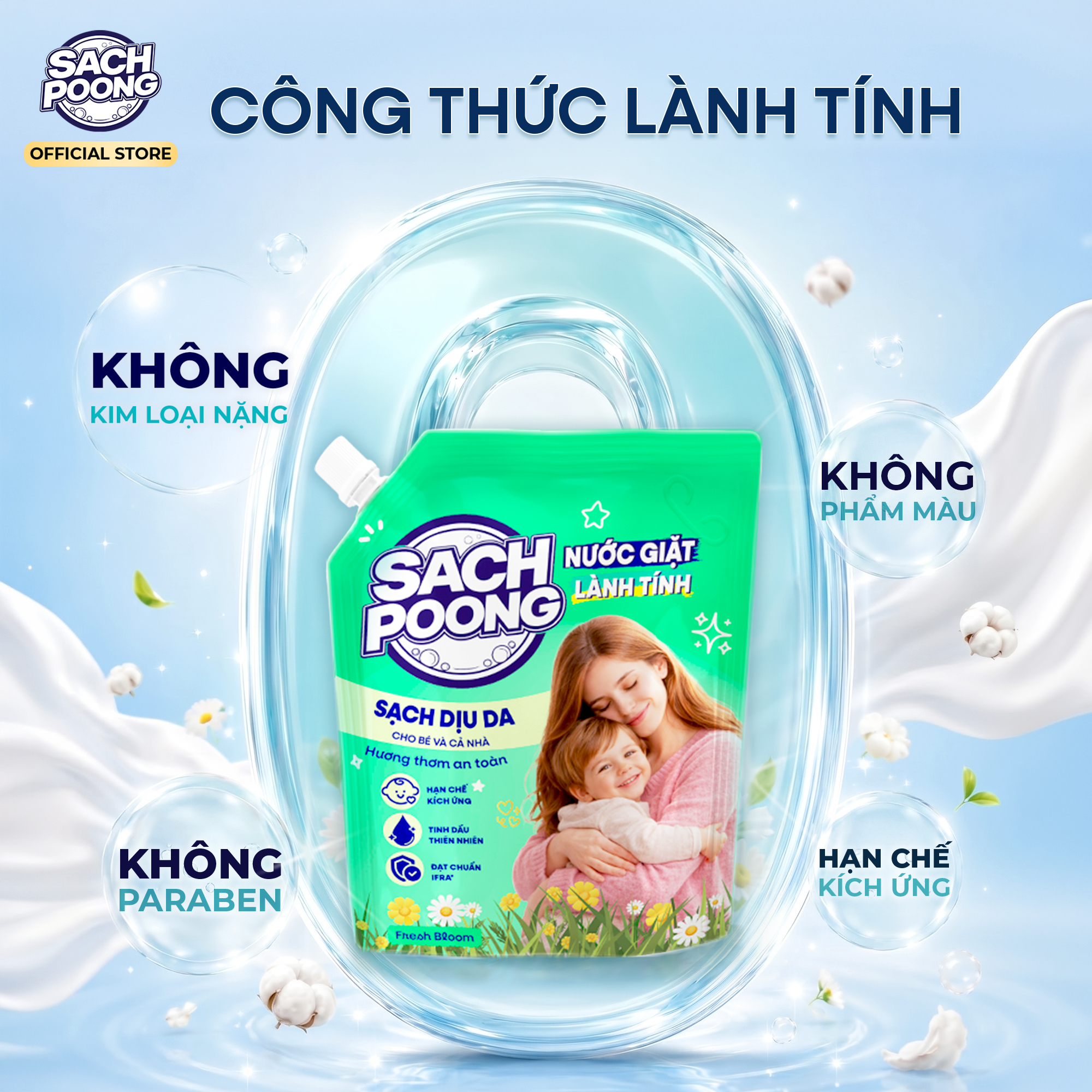 Combo Mix 2 Túi Nước Giặt Sach-Poong Lành Tính Milky Touch & Fresh Bloom Sạch Dịu Da cho Bé Yêu & Gia Đình 3kg x 2